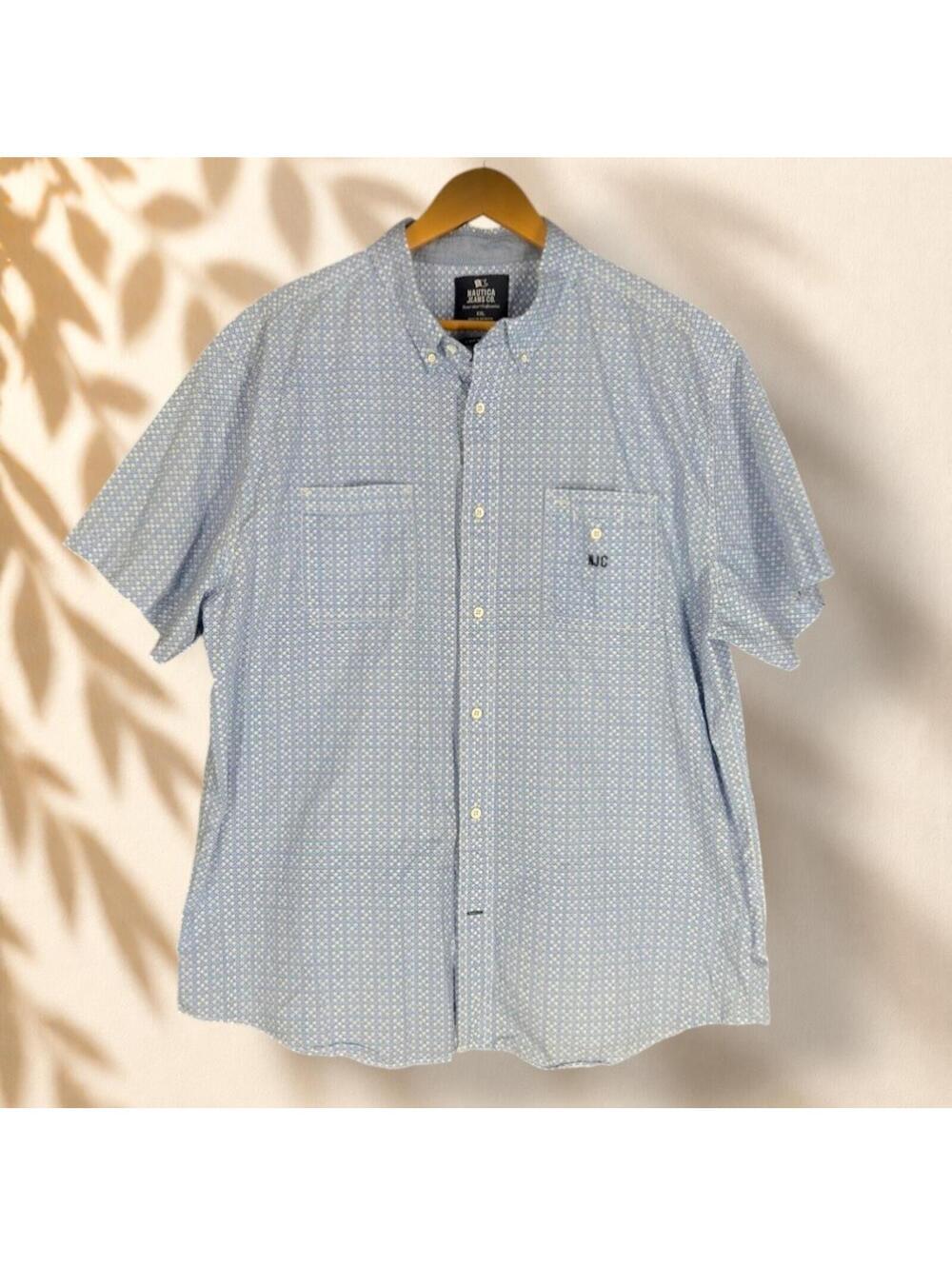 Nautica Shirt Men 2XL Blue Geometric Button UP Collared Short Sleeve Pockets